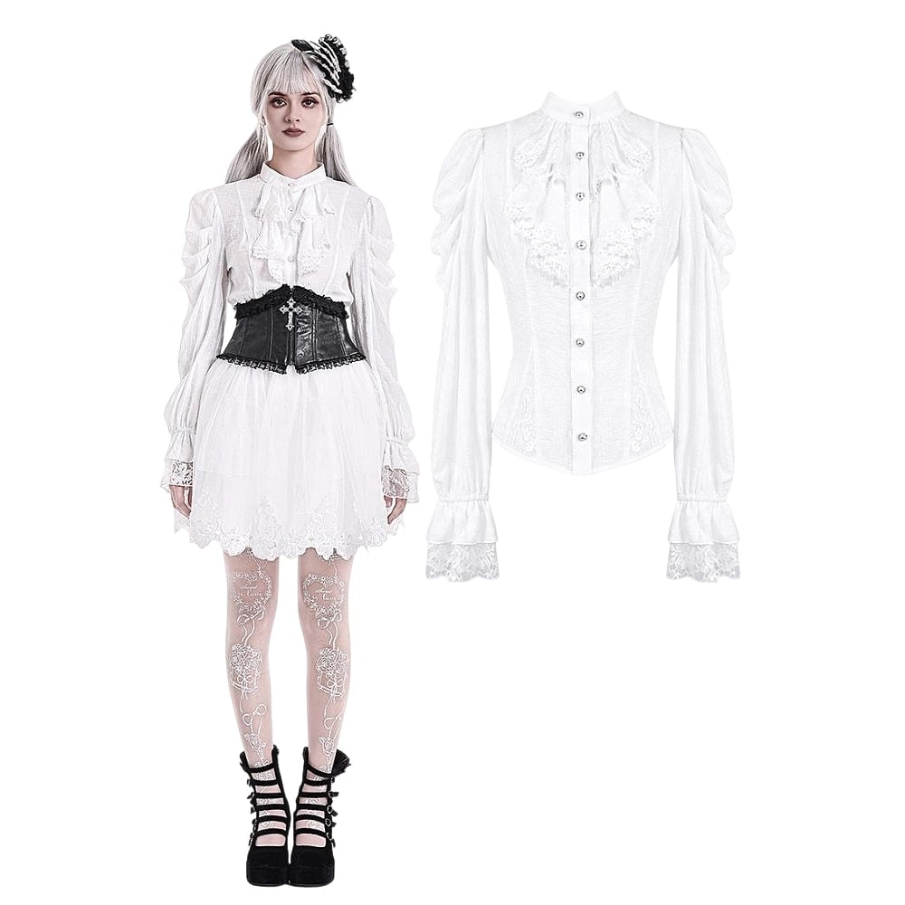Darkinlove Women's Gothic Ruffle Mock Neck Puff Sleeve Blouse