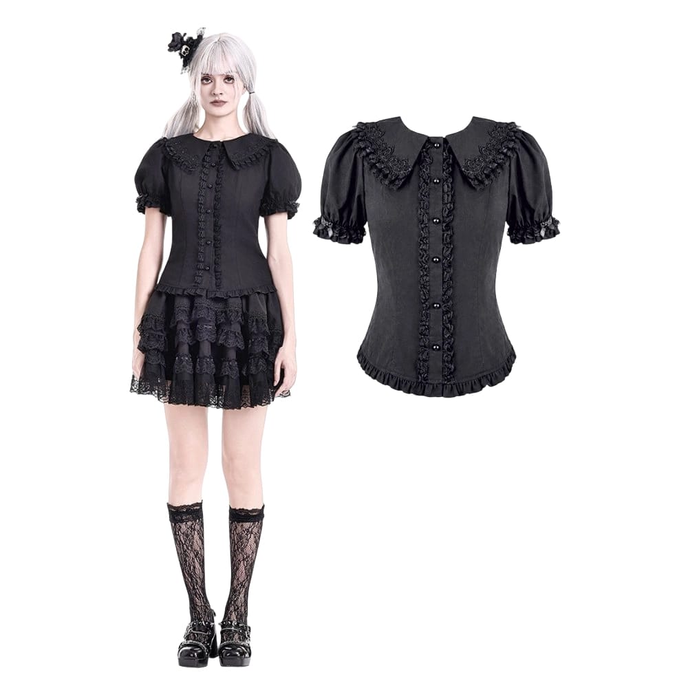 Darkinlove Women's Gothic Ruffle Peter Pan Collar Puff Short Sleeve Blouse