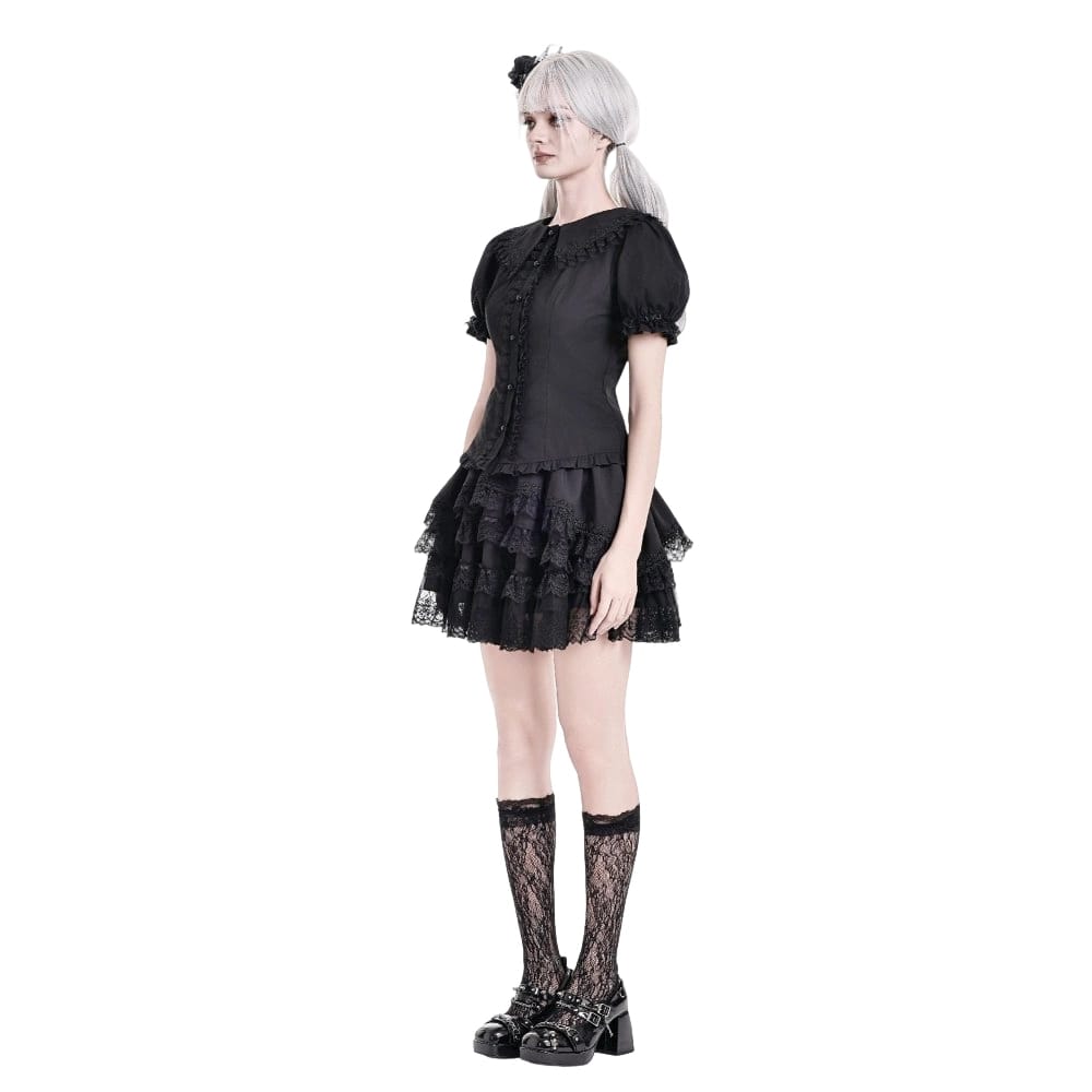 Darkinlove Women's Gothic Ruffle Peter Pan Collar Puff Short Sleeve Blouse