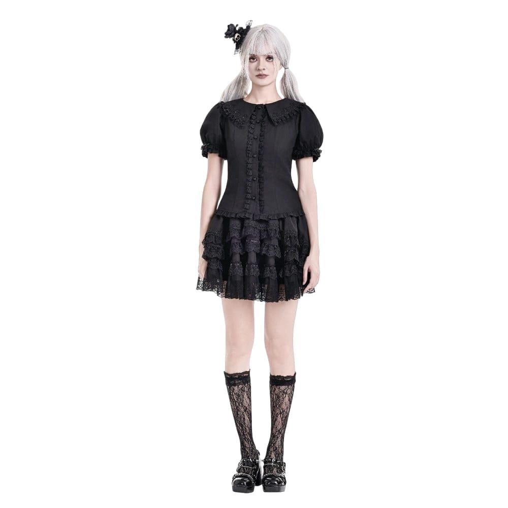 Darkinlove Women's Gothic Ruffle Peter Pan Collar Puff Short Sleeve Blouse