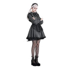 Darkinlove Women's Gothic Ruffle Pinstripe Mock Two-piece Long Sleeve Maid Dress