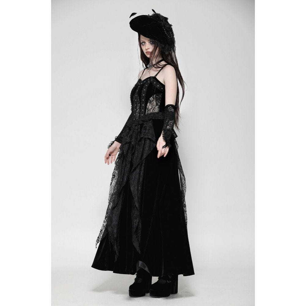 Darkinlove Women's Gothic Ruffled Lace Splice Velvet Corset Slip Dress