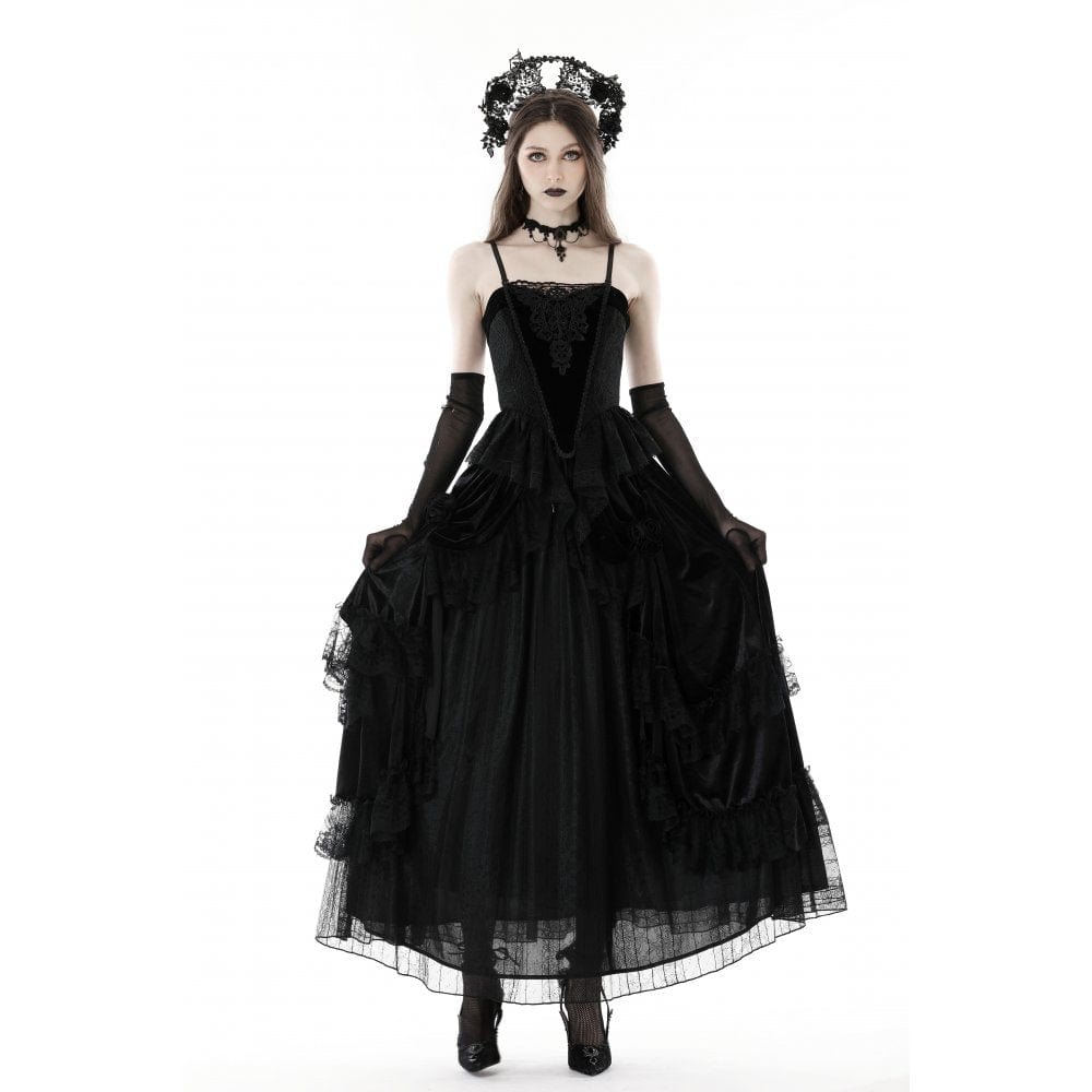 Darkinlove Women's Gothic Ruffled Lace Splice Velvet Skirt