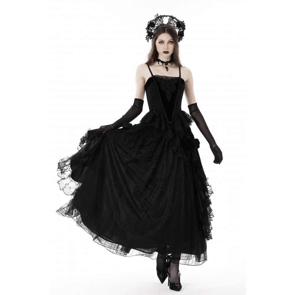 Darkinlove Women's Gothic Ruffled Lace Splice Velvet Skirt