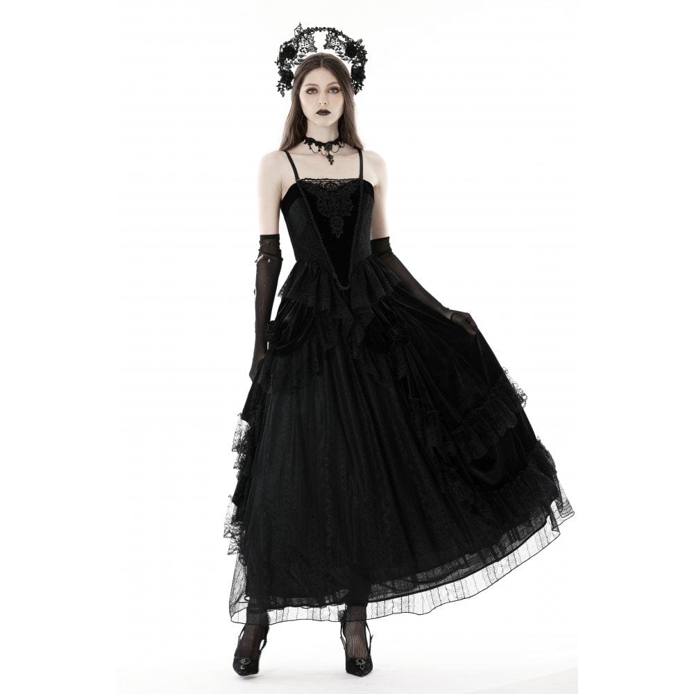 Darkinlove Women's Gothic Ruffled Lace Splice Velvet Skirt