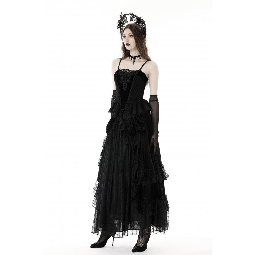 Darkinlove Women's Gothic Ruffled Lace Splice Velvet Skirt