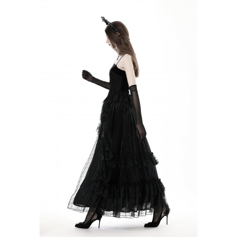 Darkinlove Women's Gothic Ruffled Lace Splice Velvet Skirt