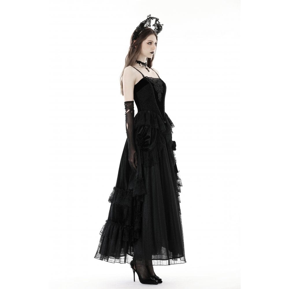 Darkinlove Women's Gothic Ruffled Lace Splice Velvet Skirt