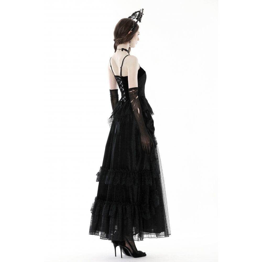 Darkinlove Women's Gothic Ruffled Lace Splice Velvet Skirt