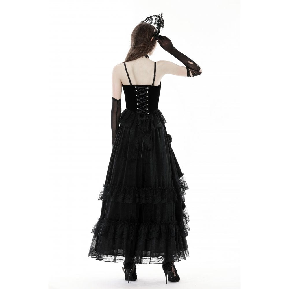 Darkinlove Women's Gothic Ruffled Lace Splice Velvet Skirt