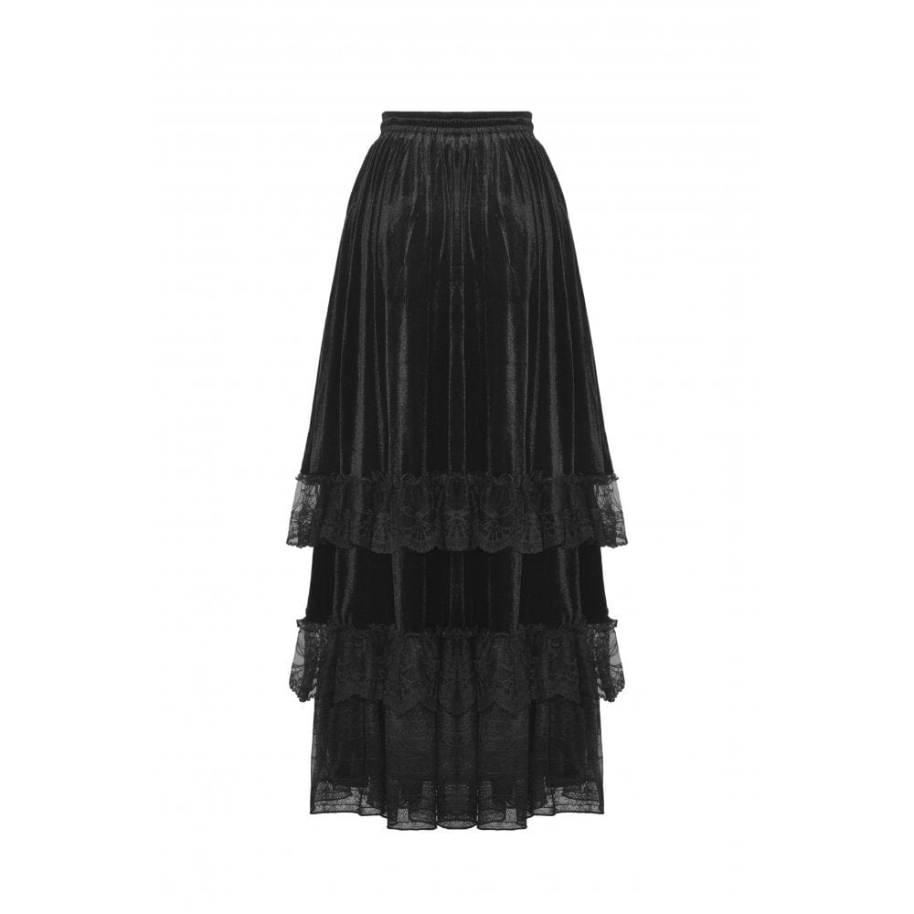 Darkinlove Women's Gothic Ruffled Lace Splice Velvet Skirt
