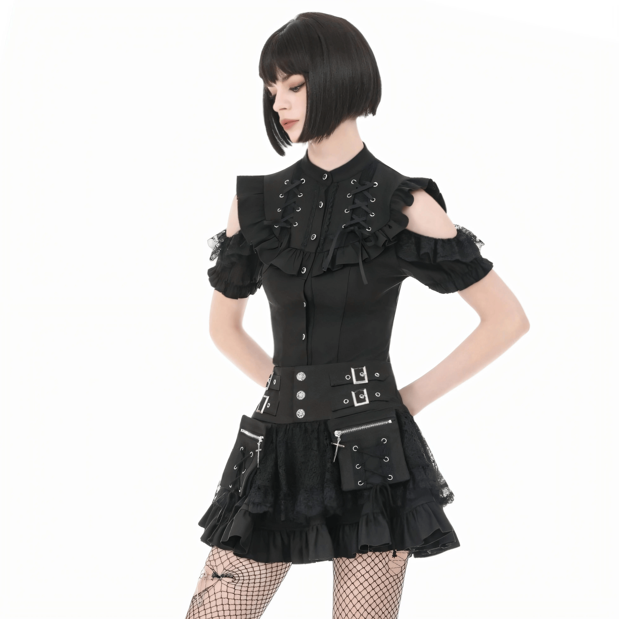 Darkinlove Women's Gothic Ruffled Lace-up Cutout Short Sleeve Shirt