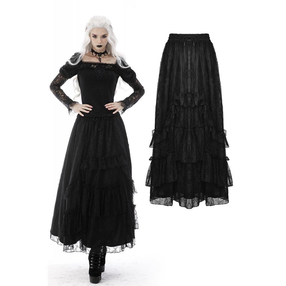 Darkinlove Women's Gothic Ruffled Layered Lace Long Skirt