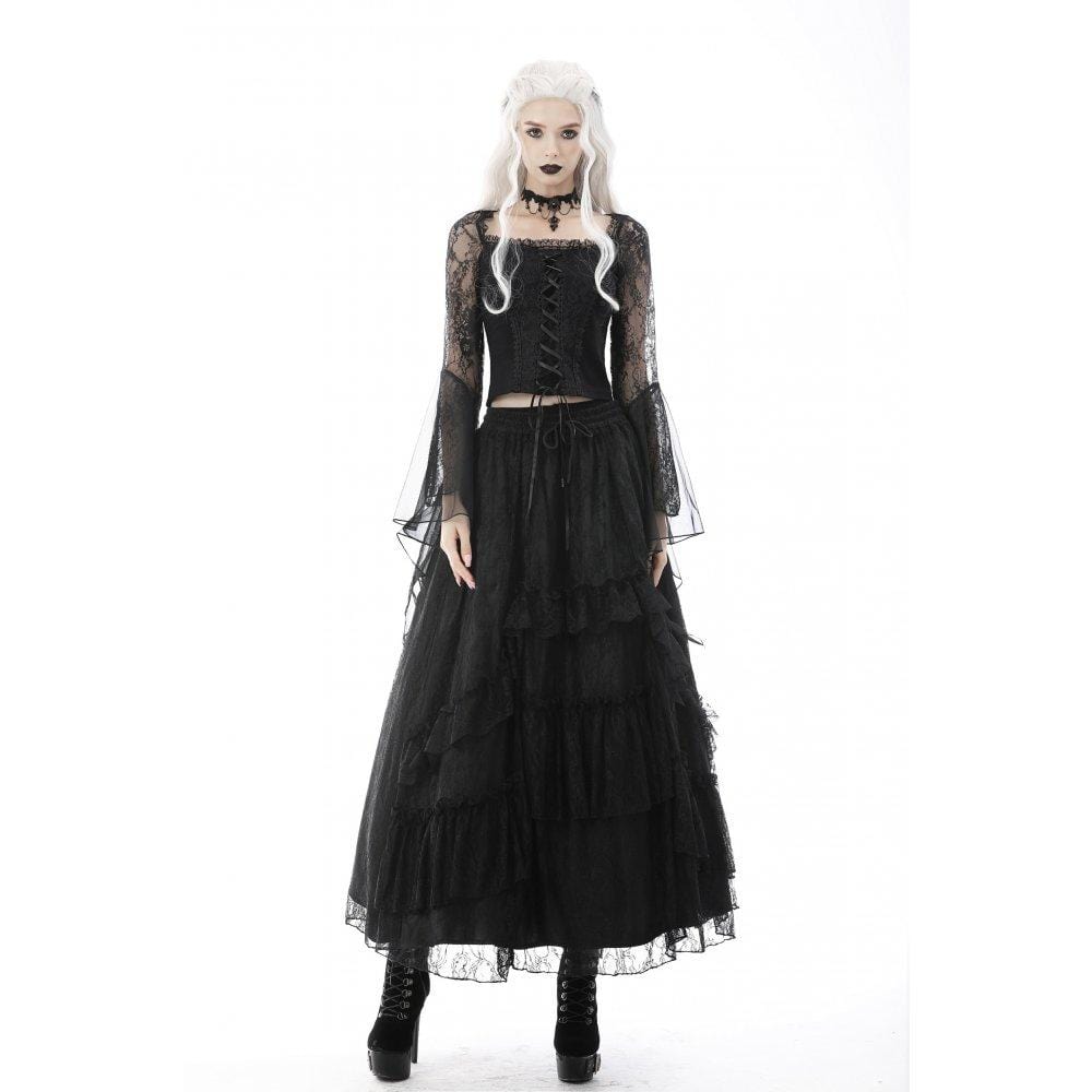 Darkinlove Women's Gothic Ruffled Layered Lace Long Skirt