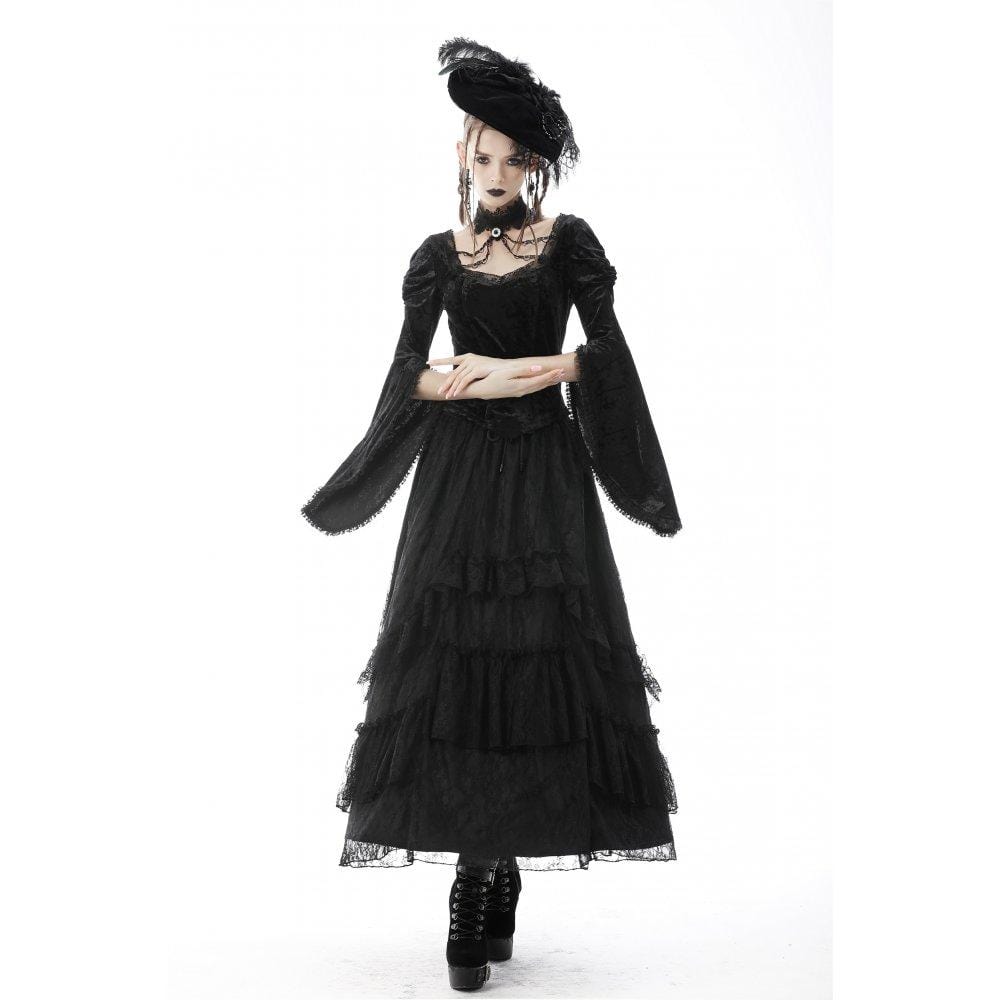 Darkinlove Women's Gothic Ruffled Layered Lace Long Skirt