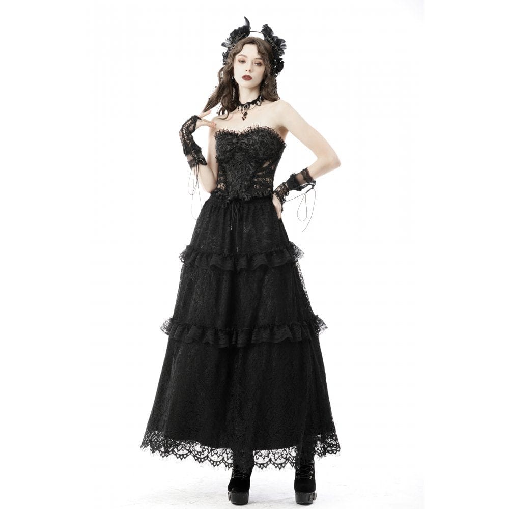 Darkinlove Women's Gothic Ruffles Lace Maxi Skirt