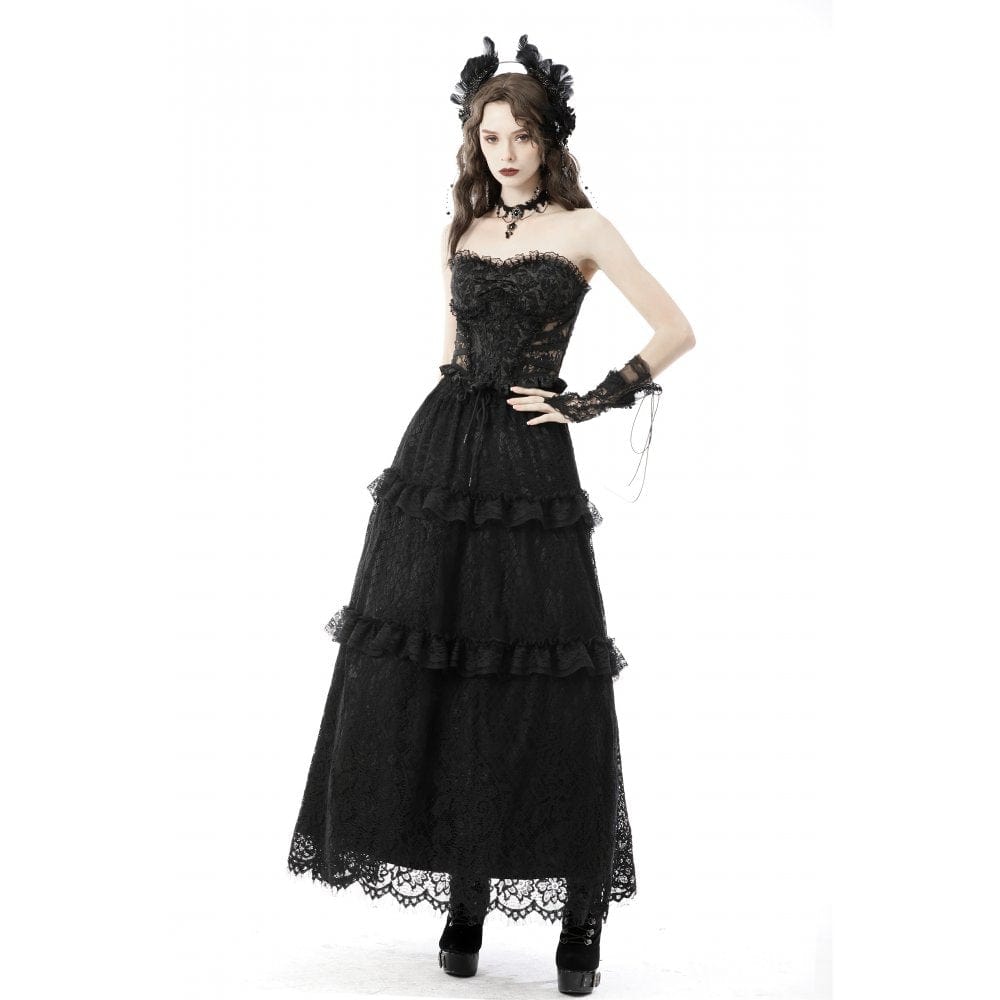 Darkinlove Women's Gothic Ruffles Lace Maxi Skirt