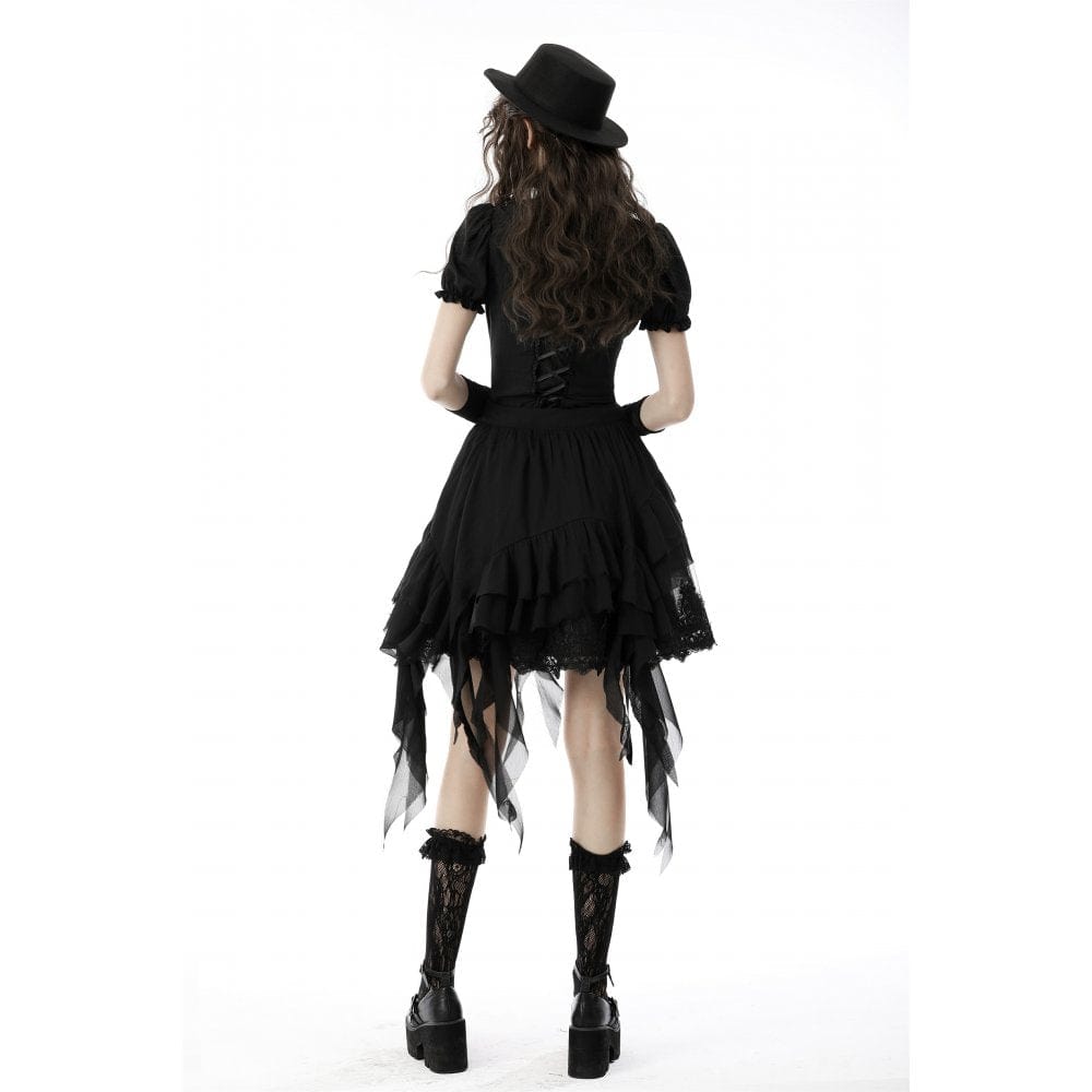 Darkinlove Women's Gothic Ruffles Short Puff Sleeved Shirt Black