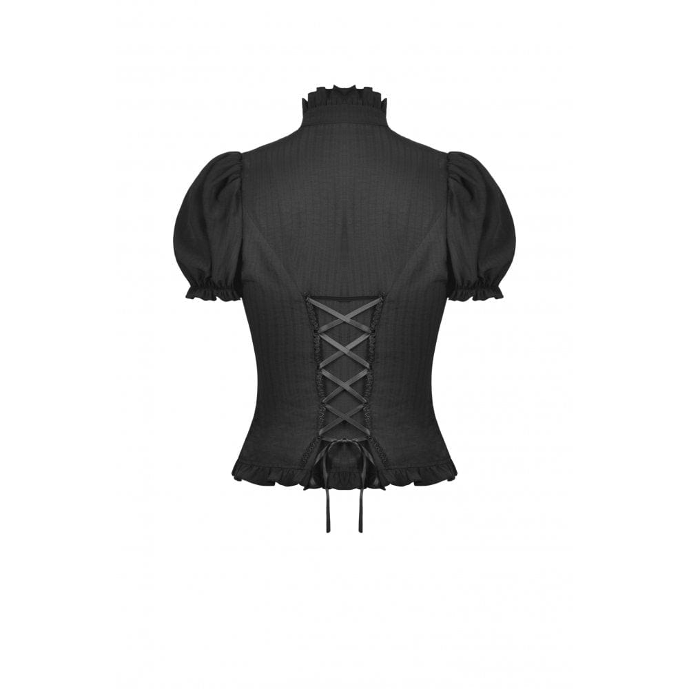 Darkinlove Women's Gothic Ruffles Short Puff Sleeved Shirt Black