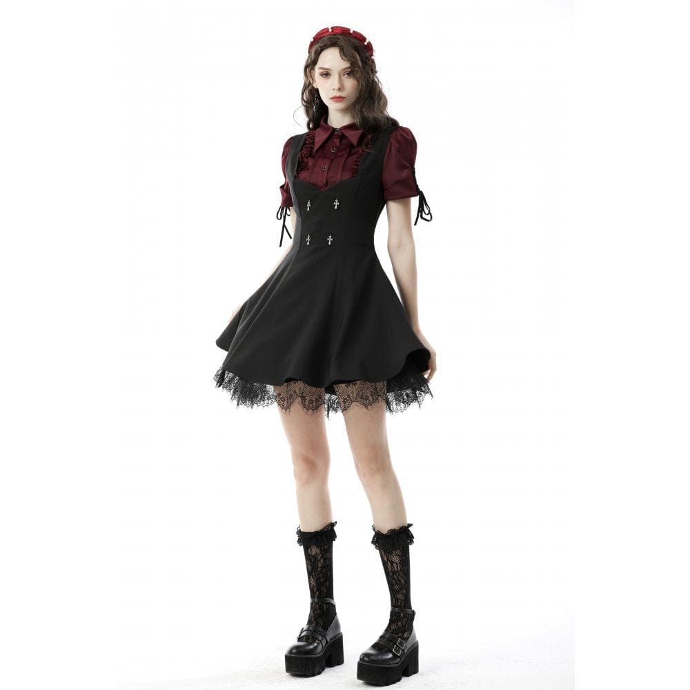 Darkinlove Women's Gothic Ruffles Short Puff Sleeved Shirt Red