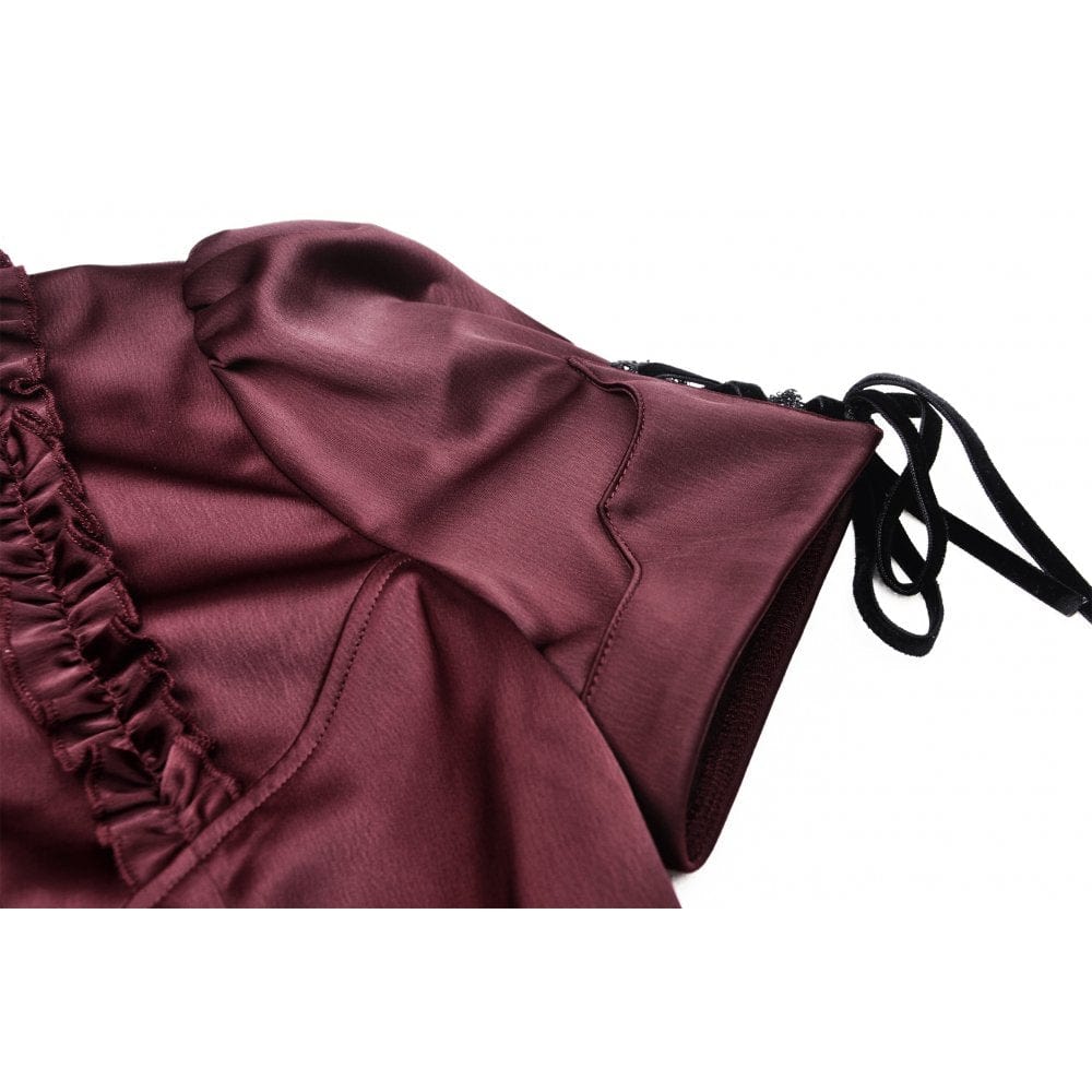 Darkinlove Women's Gothic Ruffles Short Puff Sleeved Shirt Red