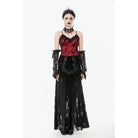 Darkinlove Women's Gothic Ruffles Velvet Sheer Lace Maxi Skirt