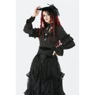 Darkinlove Women's Gothic See Through Ruffled Stand Collar Lantern Sleeved Shirt