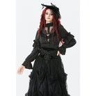 Darkinlove Women's Gothic See Through Ruffled Stand Collar Lantern Sleeved Shirt