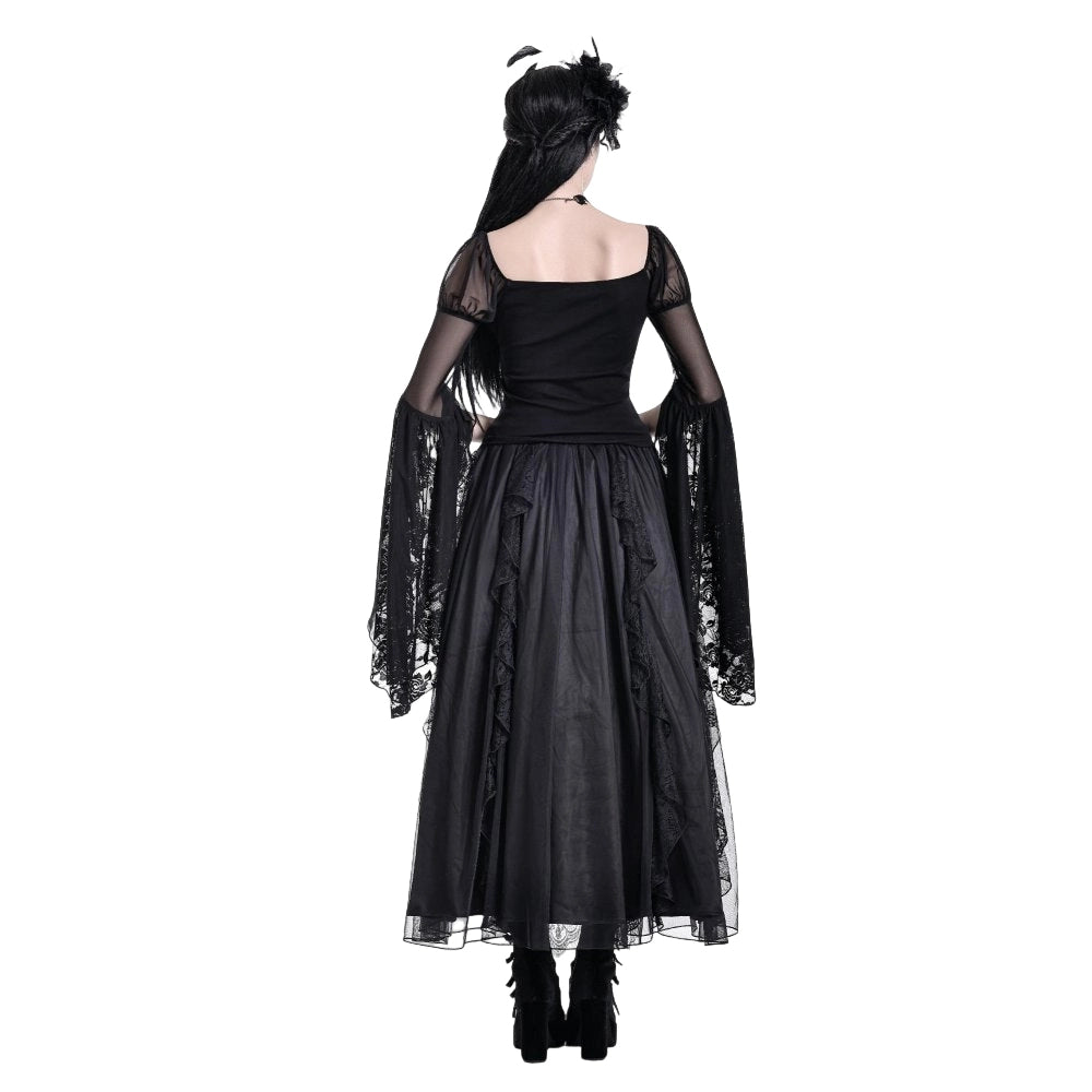Darkinlove Women's Gothic Sheer Rose Lace Splice Ruffle Flare Sleeve Top