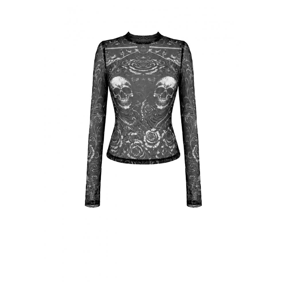 Darkinlove Women's Gothic Skull Floral Printed Mesh Sheer Long Sleeve Top