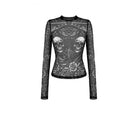 Darkinlove Women's Gothic Skull Floral Printed Mesh Sheer Long Sleeve Top