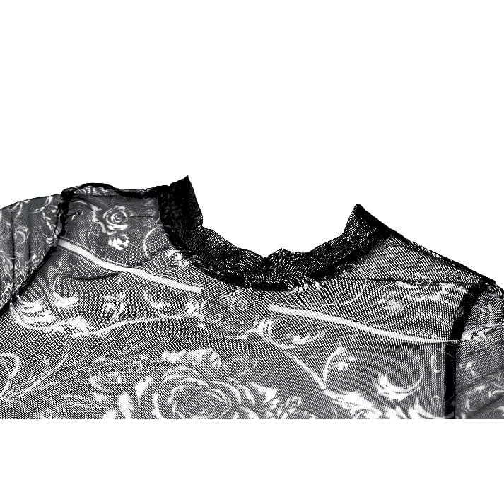 Darkinlove Women's Gothic Skull Floral Printed Mesh Sheer Long Sleeve Top