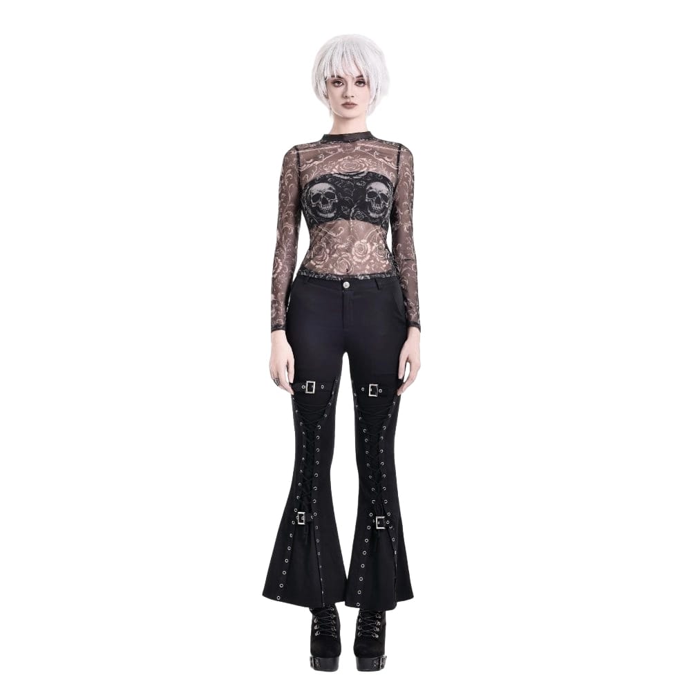Darkinlove Women's Gothic Skull Floral Printed Mesh Sheer Long Sleeve Top