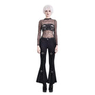 Darkinlove Women's Gothic Skull Floral Printed Mesh Sheer Long Sleeve Top