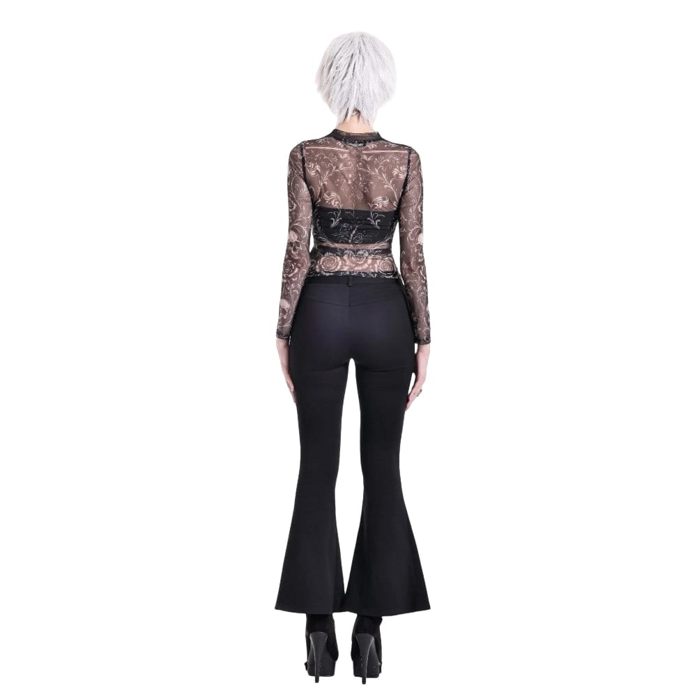 Darkinlove Women's Gothic Skull Floral Printed Mesh Sheer Long Sleeve Top