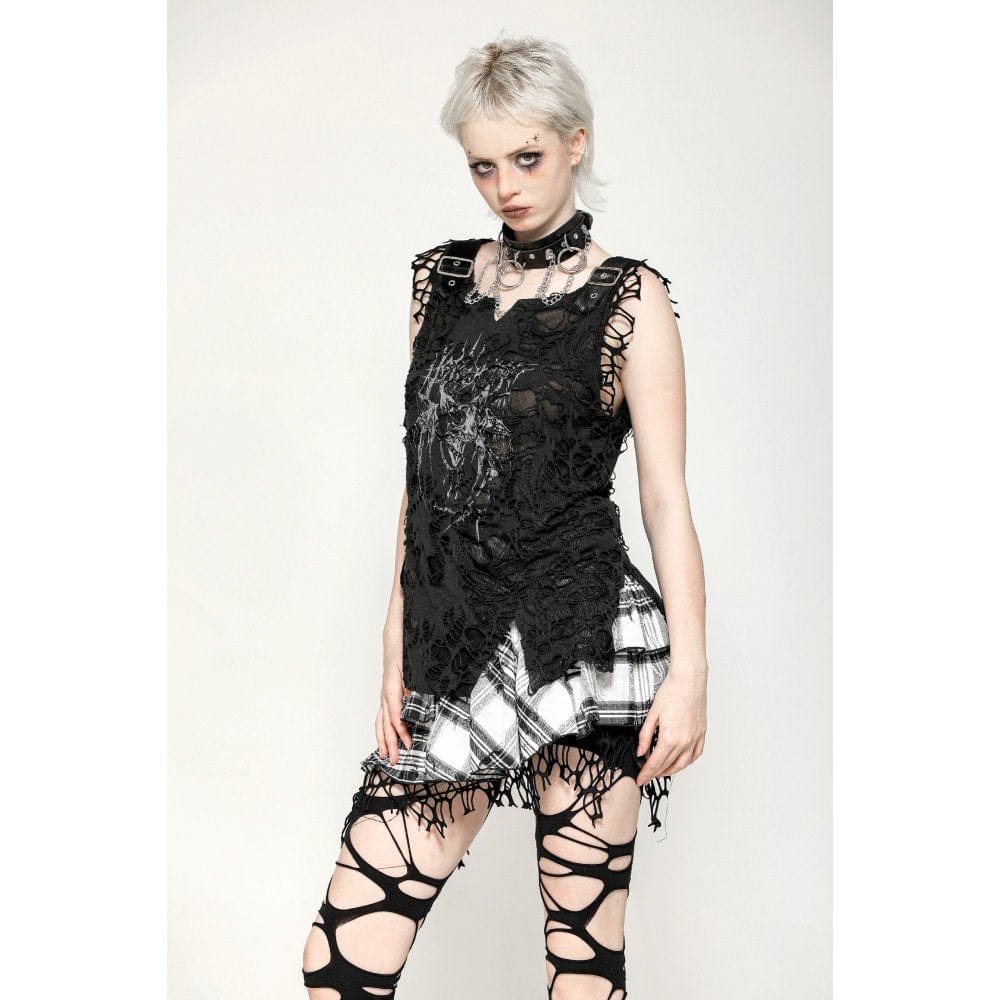 Darkinlove Women's Gothic Skull Printed Distressed Tank Top