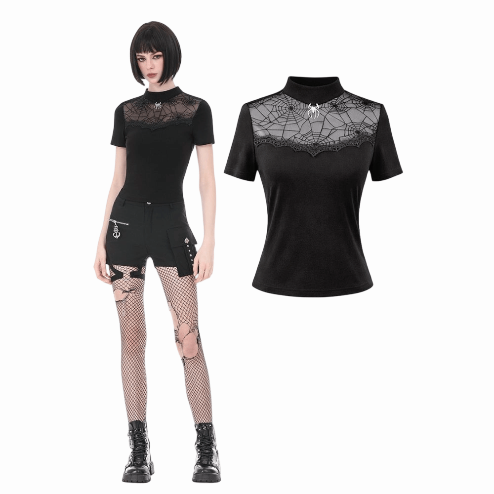 Darkinlove Women's Gothic Spider Cobweb Short Sleeve Top