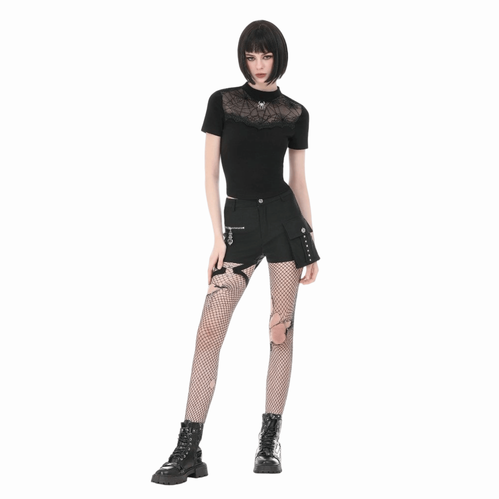 Darkinlove Women's Gothic Spider Cobweb Short Sleeve Top