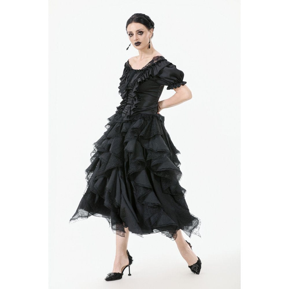 Darkinlove Women's Gothic Square Collar Ruffles Lace Top