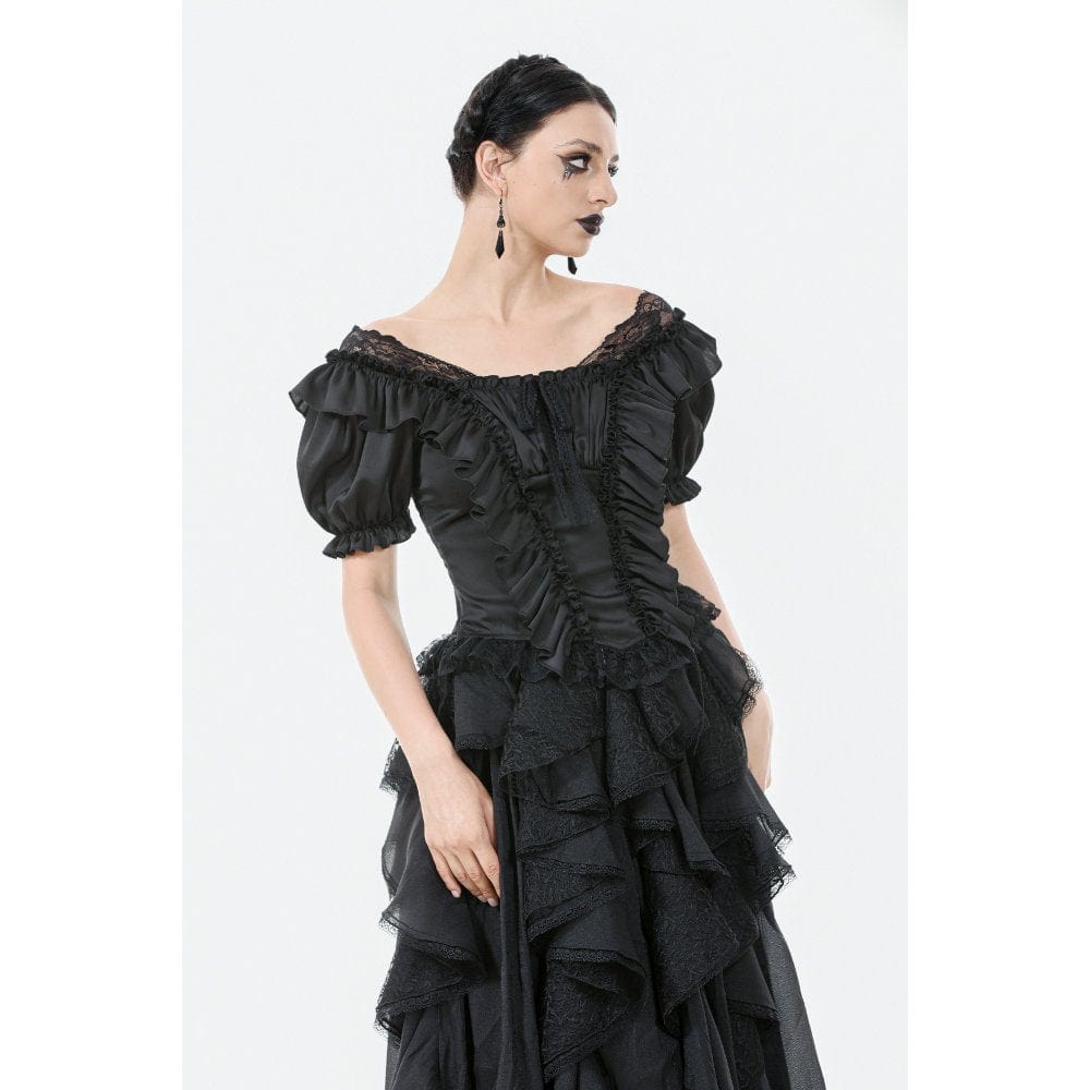 Darkinlove Women's Gothic Square Collar Ruffles Lace Top