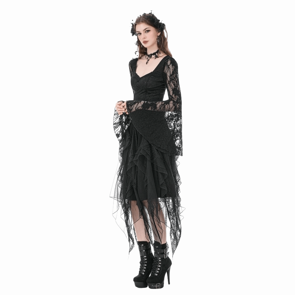 Darkinlove Women's Gothic Square-cut Collar Floral Lace Bell Sleeve Top