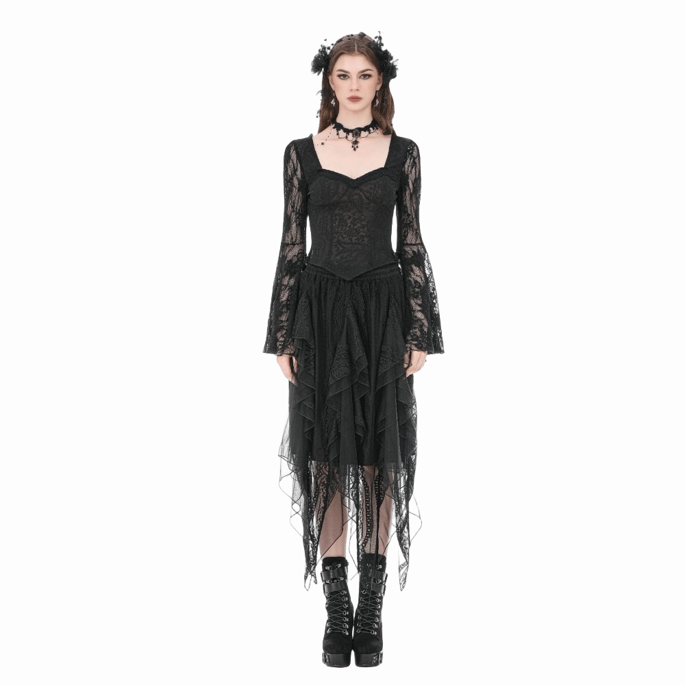 Darkinlove Women's Gothic Square-cut Collar Floral Lace Bell Sleeve Top