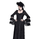 Darkinlove Women's Gothic Square Neck Jacquard Tiered Bell Sleeve Lace Mesh Maxi Dress