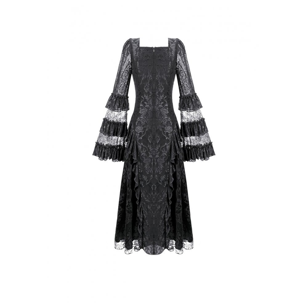 Darkinlove Women's Gothic Square Neck Jacquard Tiered Bell Sleeve Lace Mesh Maxi Dress