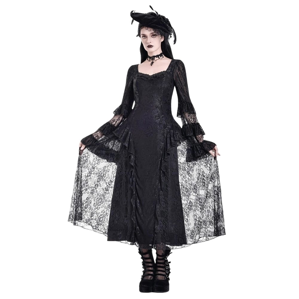 Darkinlove Women's Gothic Square Neck Jacquard Tiered Bell Sleeve Lace Mesh Maxi Dress