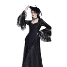 Darkinlove Women's Gothic Square Neck Jacquard Tiered Bell Sleeve Lace Mesh Maxi Dress