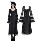 Darkinlove Women's Gothic Square Neck Jacquard Tiered Bell Sleeve Lace Mesh Maxi Dress
