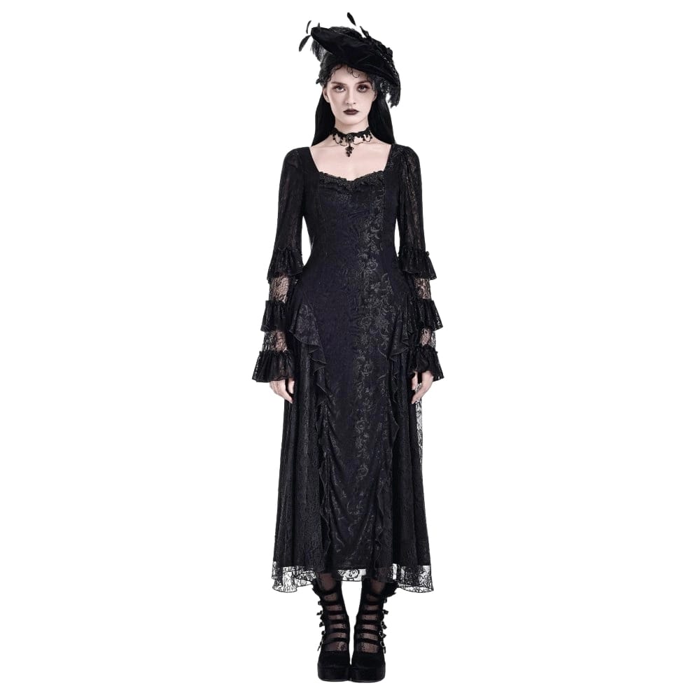 Darkinlove Women's Gothic Square Neck Jacquard Tiered Bell Sleeve Lace Mesh Maxi Dress