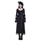 Darkinlove Women's Gothic Square Neck Jacquard Tiered Bell Sleeve Lace Mesh Maxi Dress