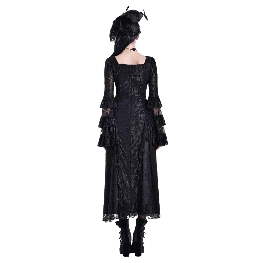 Darkinlove Women's Gothic Square Neck Jacquard Tiered Bell Sleeve Lace Mesh Maxi Dress
